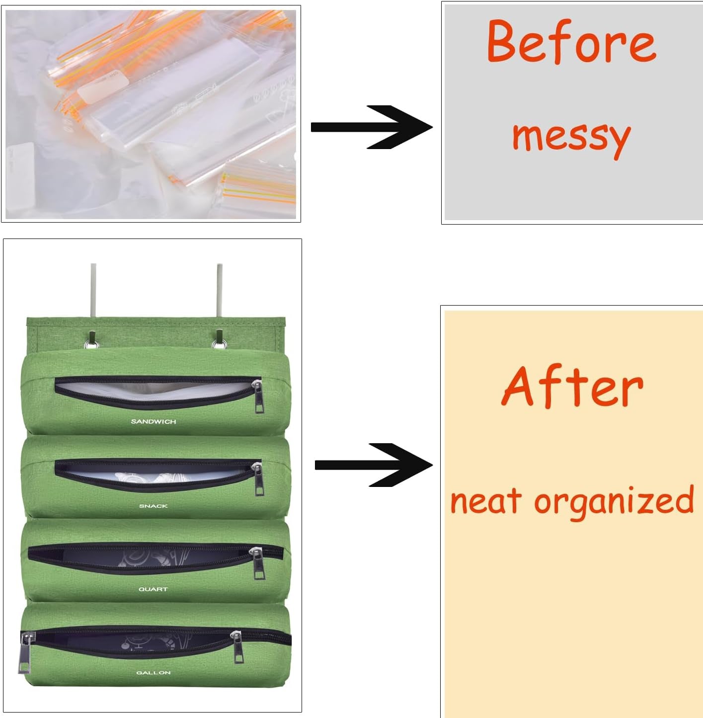 Zipper Bag Organizer Suitable for Kitchen RV Campers with Zipper Gallon, Quart, Sandwich and Snack Food Storage Bags, Kitchen Plastic Bag Storage Organizer (Green)