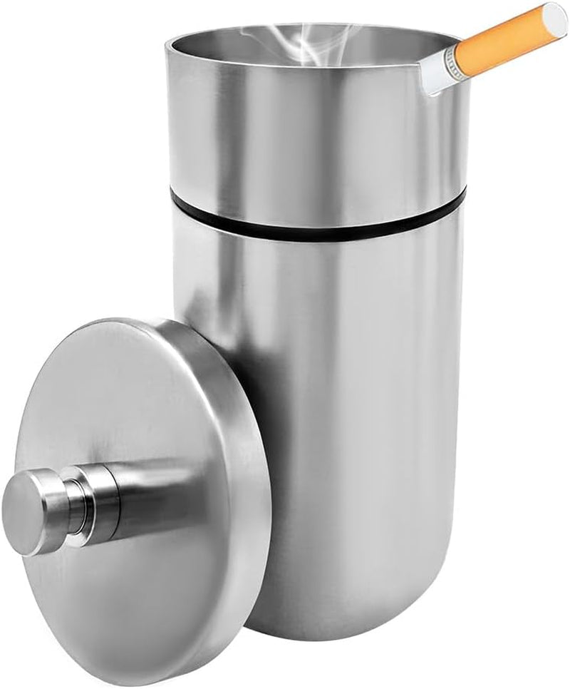 Ohleats Car Ashtray with Lid, Stainless Steel Smokeless Smell Proof Auto Ash Tray, Detachable Mini Portable Cup Holder Cigarette Ashtray for Vehicle Office Home, Car Accessories (Silver)