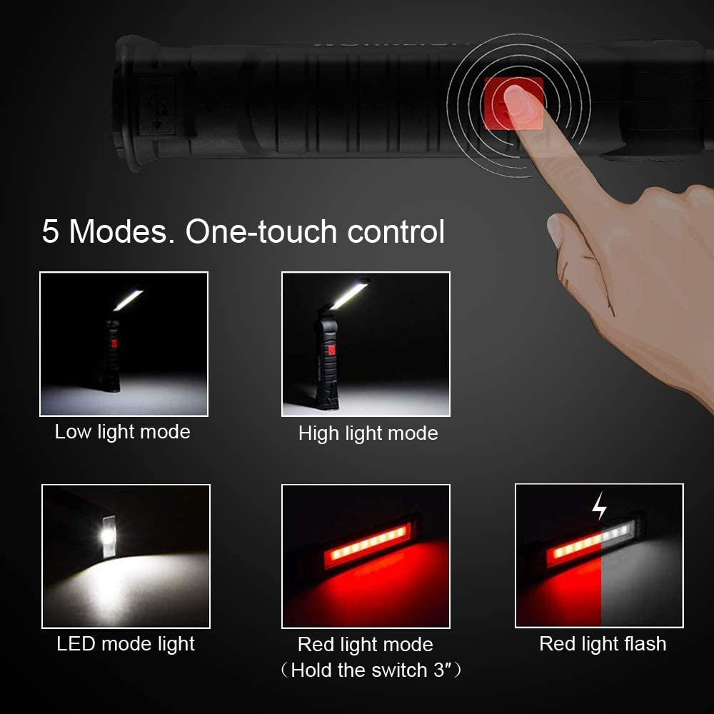 2Pack LED Work Lights, USB Rechargeable COB Light with Magnetic Base 360°Rotate and 5 Modes, Folding Flashlight Inspection Mechanic Light for Car Repairing, Workshop, Household and Emergency Use,Large