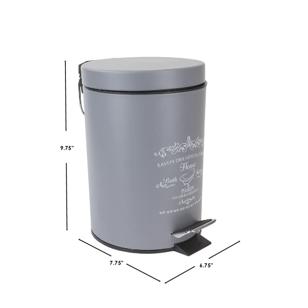 Home Basics Paris Collection Bathroom Accessories, Office, Bedroom, Decorative Waste Basket with Stylish Accent Decor to Complement Any Bathroom, 3 Liter Waste Bin, Grey