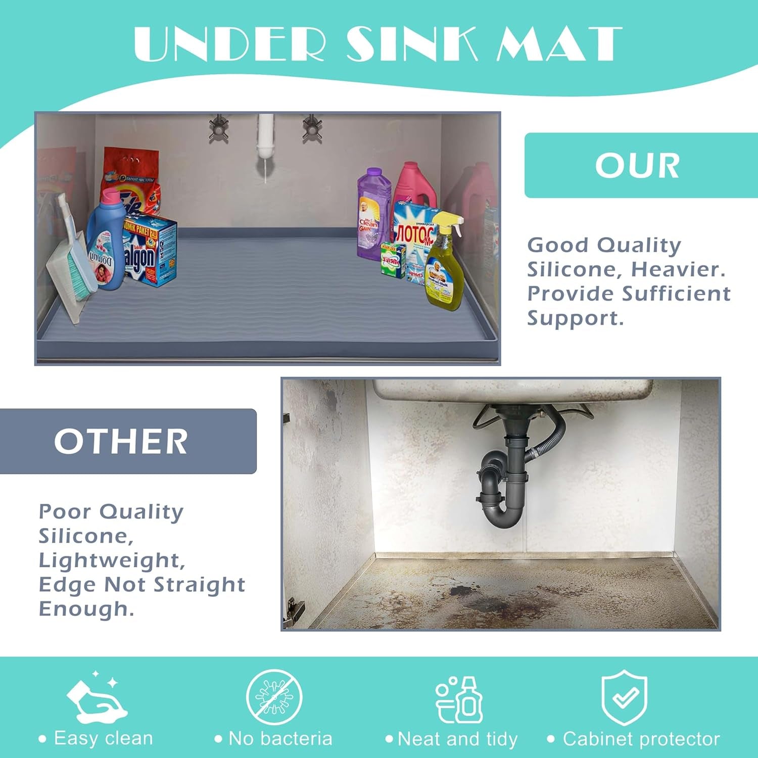 URMONA Waterproof Silicone under Sink Mat 31'' X 22'' Shelf Liner for Kitchen and Bathroom, Cabinet and Counter Protector, Storage and Organizers, Litter Mat, Pet Cat Puppy Essentials(Dark Grey)