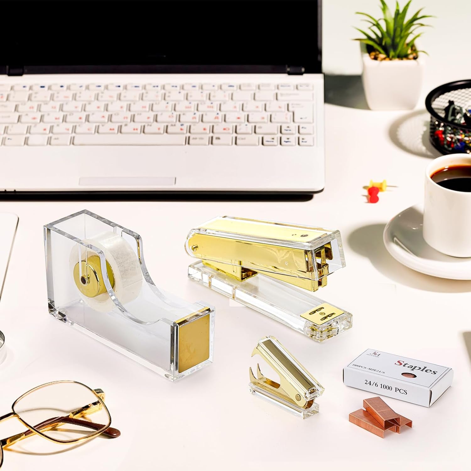 Hiceeden Acrylic Gold Stapler and Tape Dispenser Set, Desk Accessories Office Supplies Includes Tape, Staple Remover and 1000Pcs 24/6 Staples, Modern Cute Stapler Set for Desk