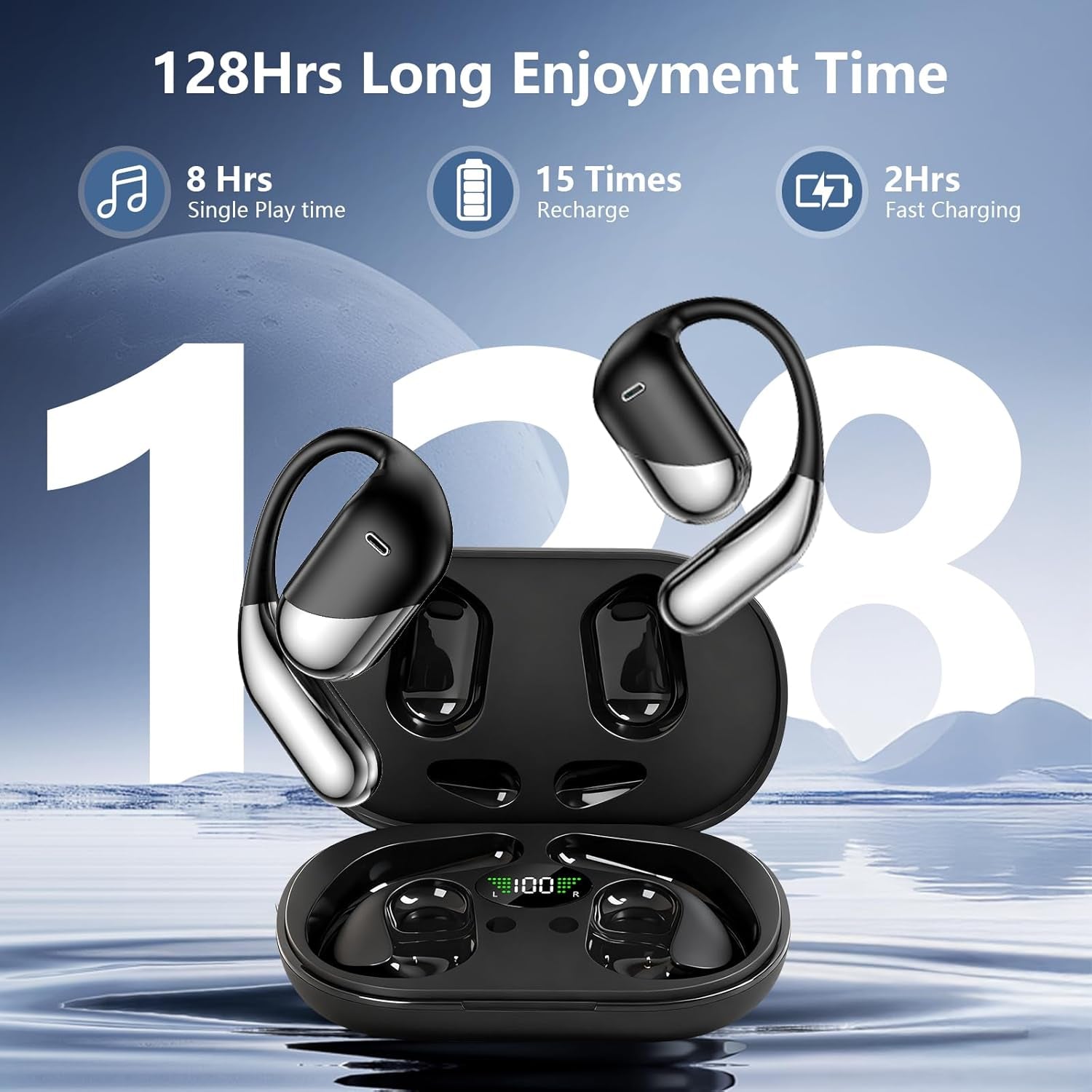 Open Ear Bone Conduction Headphones，,Over Ear Earbuds with Ergonomic Earhook,Bluetooth Headphones 5.4 with Smart Digital Display,50H Playtime Translation Earbuds Real Time - AI 144 Language
