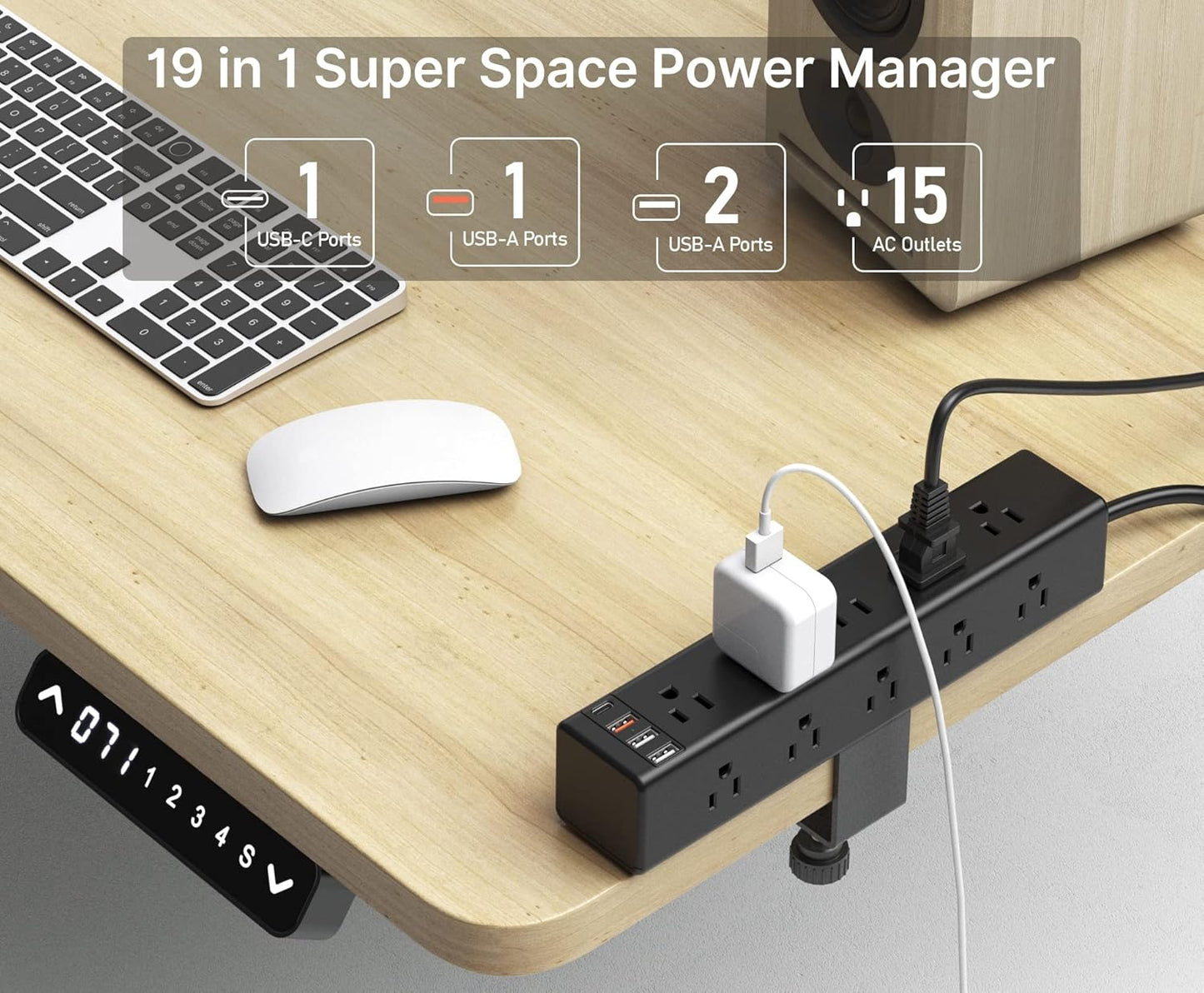 CCCEI Standing Desk Clamp Power Strip with 15 Outlets, Widely Spaced Desktop Edge Mount Surge Protector Outlet, Fast Charging USB-A and USB-C Ports, 6 FT Flat Plug, Black Fit 1.6 Inch Table Top.