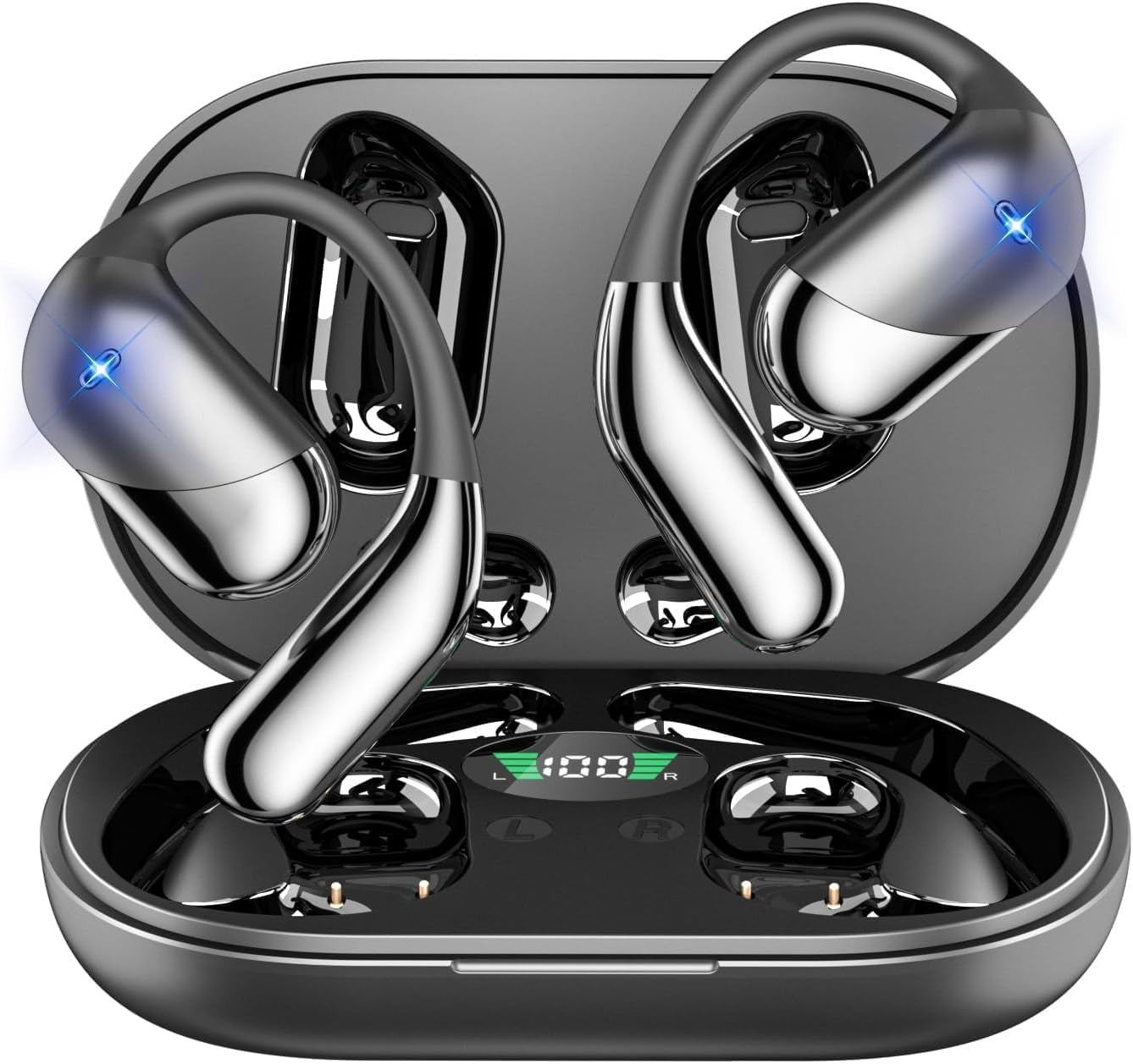 Open Ear Bone Conduction Headphones，,Over Ear Earbuds with Ergonomic Earhook,Bluetooth Headphones 5.4 with Smart Digital Display,50H Playtime Translation Earbuds Real Time - AI 144 Language