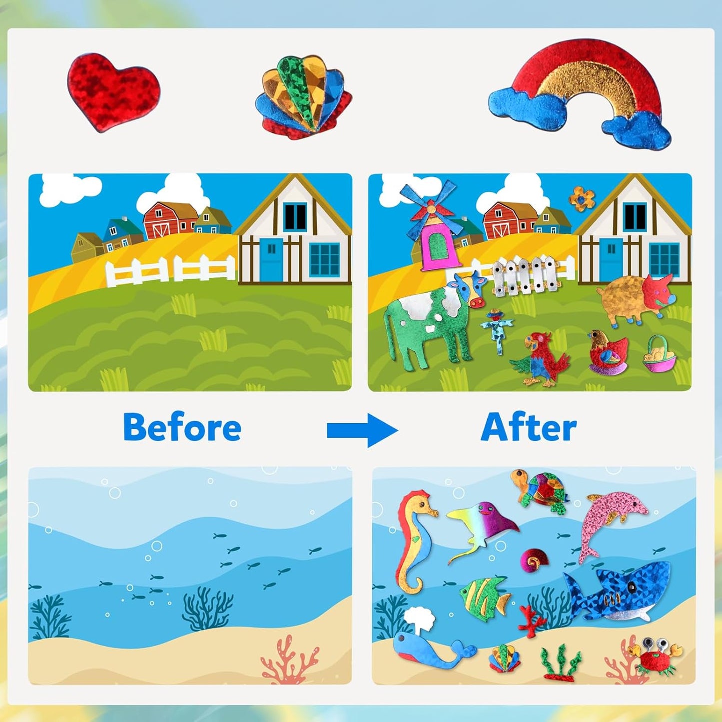 Vinlon Foil Fun Art Kit for Kids -DIY Craft Supplies Ocean Farm Animals Themes, Great Road Trip Travel Activities, Easter Basket Stuffers for Boys Girls Valentine'S Day Gift Ages 4-8 and Up