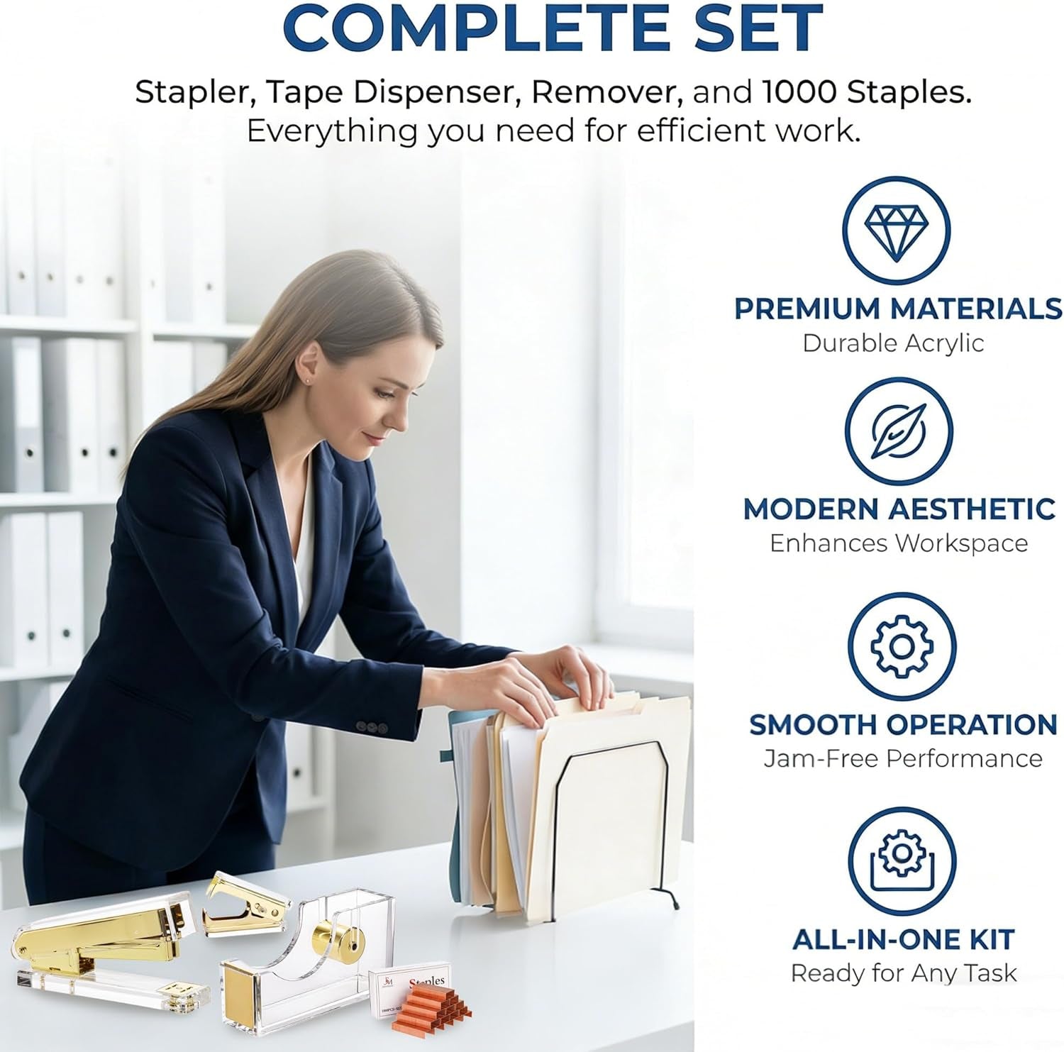 Hiceeden Acrylic Gold Stapler and Tape Dispenser Set, Desk Accessories Office Supplies Includes Tape, Staple Remover and 1000Pcs 24/6 Staples, Modern Cute Stapler Set for Desk