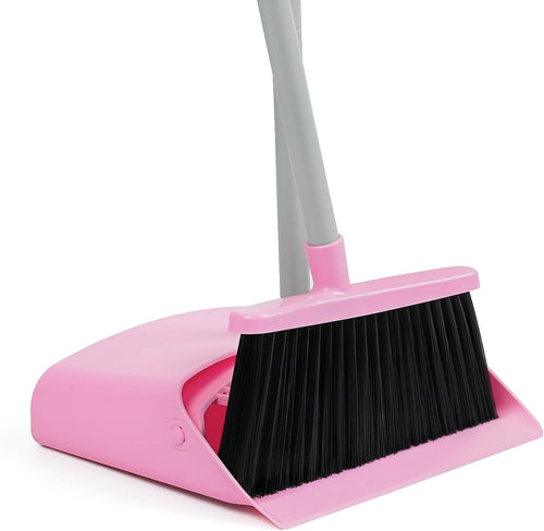 REEWII Pink Broom and Dustpan Set,58” Long Adjustable Handle Small Broom with Stand up Dustpan Combo Set with Dust Pan Teeth,For Indoor Home Office Floor Cleaning
