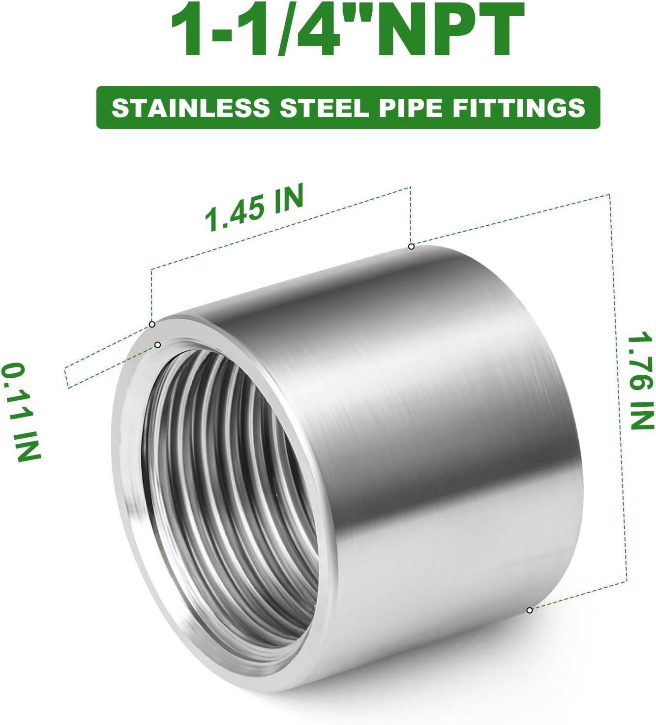 TAISHER 2PCS 304 Stainless Steel Cast Pipe Fitting, Coupling, 1-1/4" X 1-1/4" NPT Female Threaded