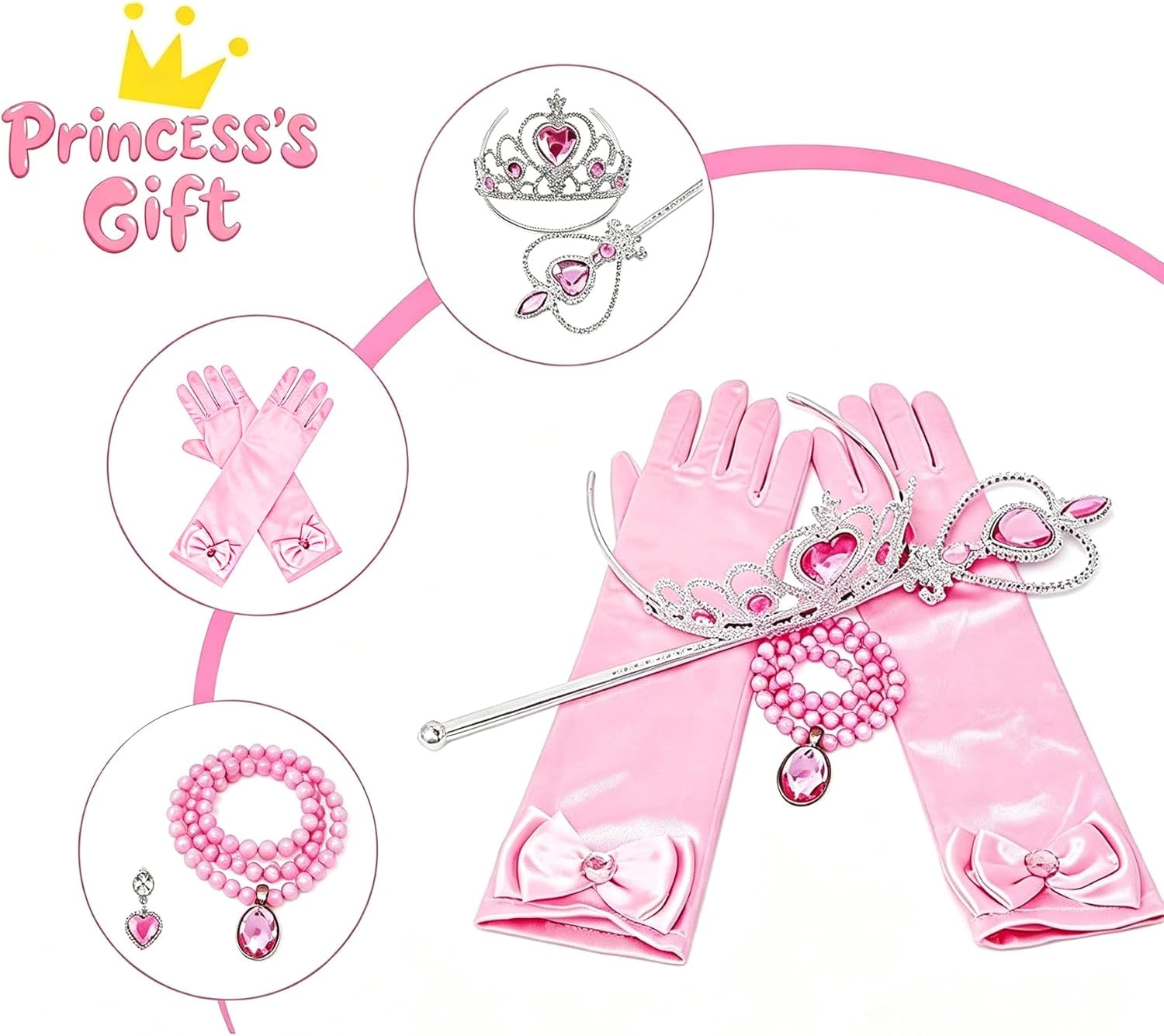 Orgrimmar Princess Dress up Accessories, Princess Crown Wand Gloves Necklaces Earrings for Girls, Presents for Kids Children
