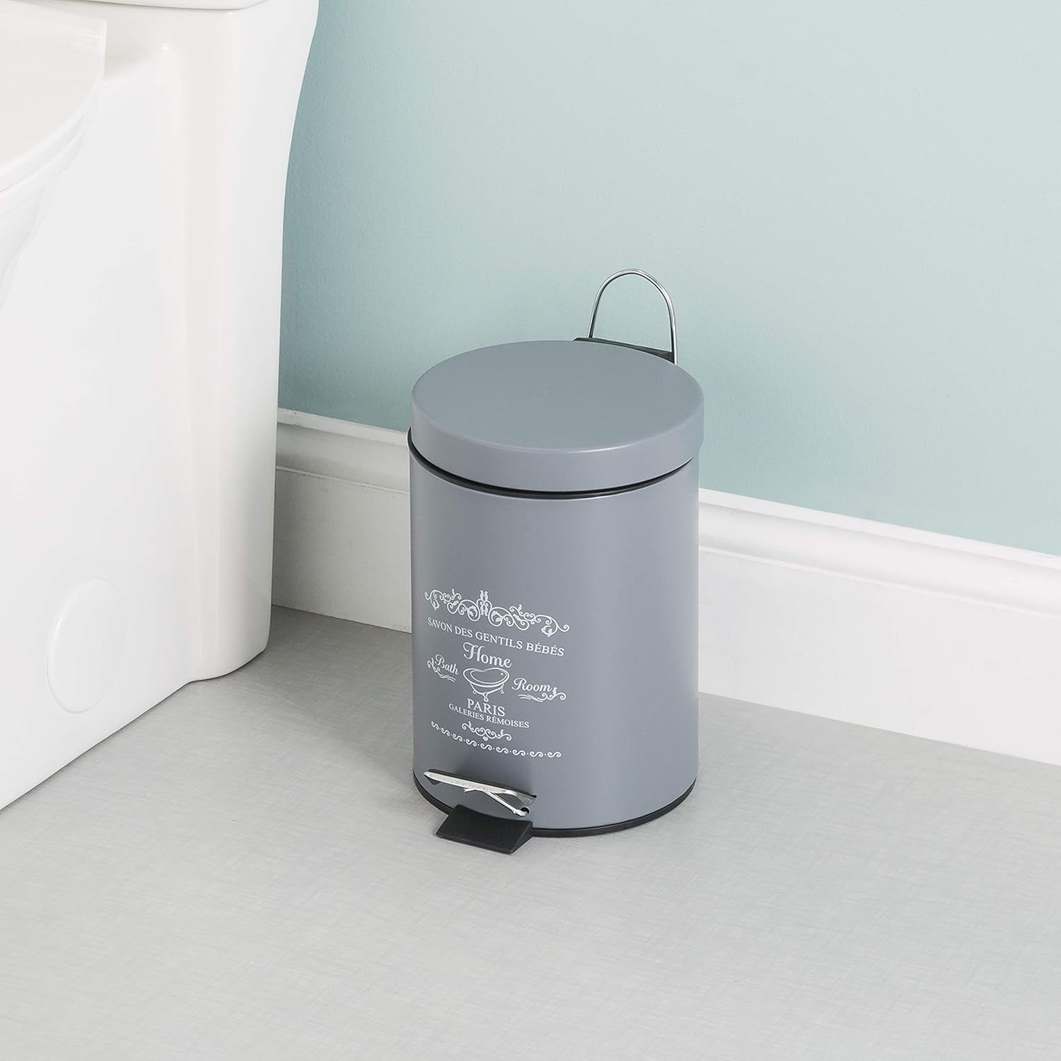 Home Basics Paris Collection Bathroom Accessories, Office, Bedroom, Decorative Waste Basket with Stylish Accent Decor to Complement Any Bathroom, 3 Liter Waste Bin, Grey