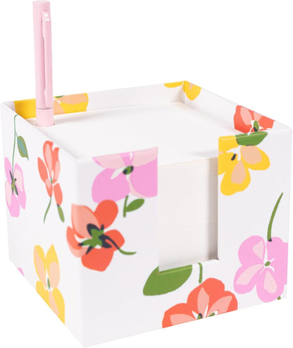 Kate Spade New York Note Cube with 400 Blank Sheets and Black Ink Pen, Cute Paper Holder for Desk (Spring Pansies)