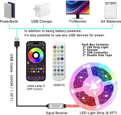 L8Star Battery Powered Led Strip Lights 13Ft, 2X6.5Ft Usb/Battery Operated RGB LED Lights Birthday Christmas Gift with Remote for TV Backlight, Bedroom, Camping