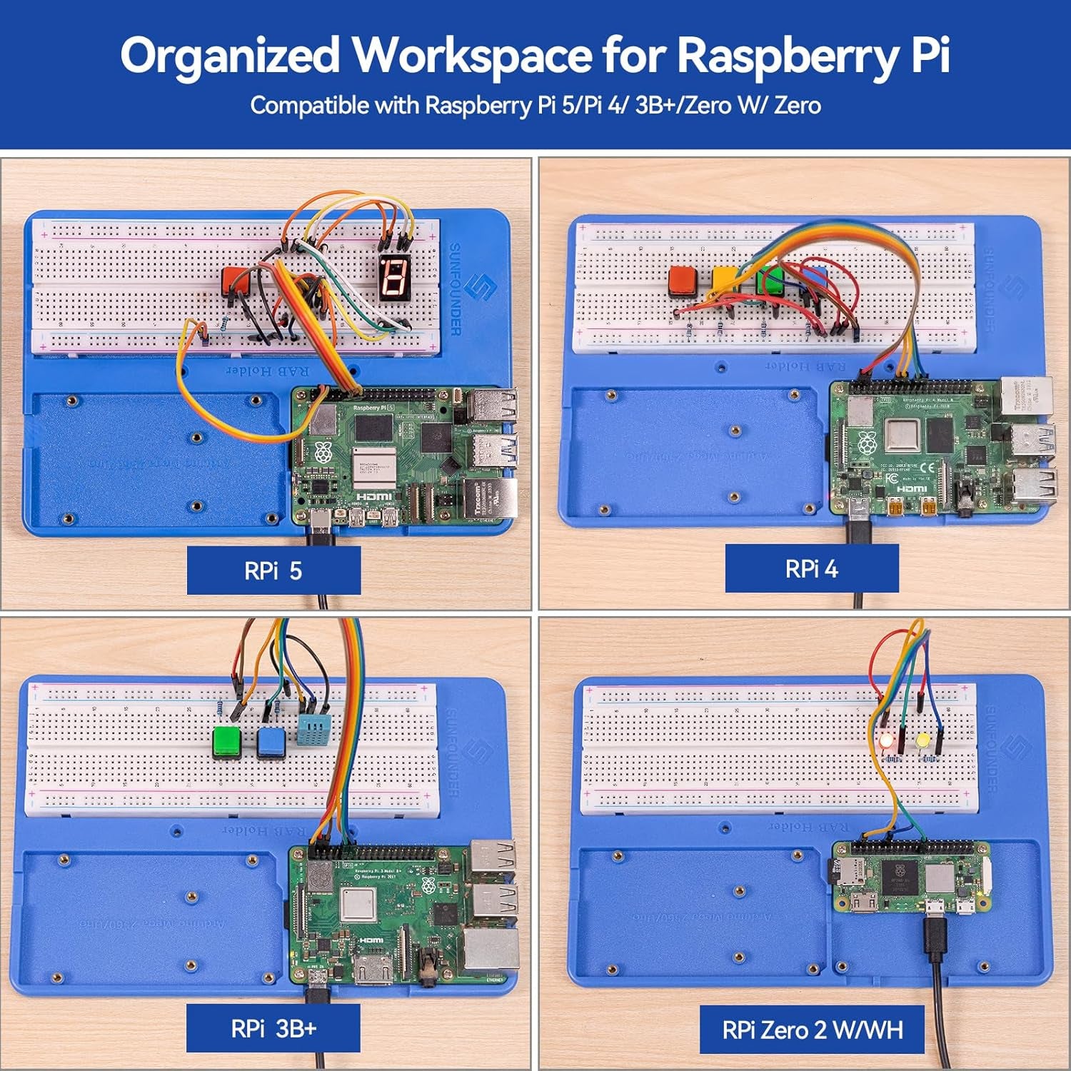 Sunfounder RAB Holder Breadboard Kit for Raspberry Pi Compatible with Arduino Uno R4 Minima/Wifi/Uno R3/Mega R3, Raspberry Pi 5 4B 3B+ 3B 2 Model B and 400 830 Points Breadboard