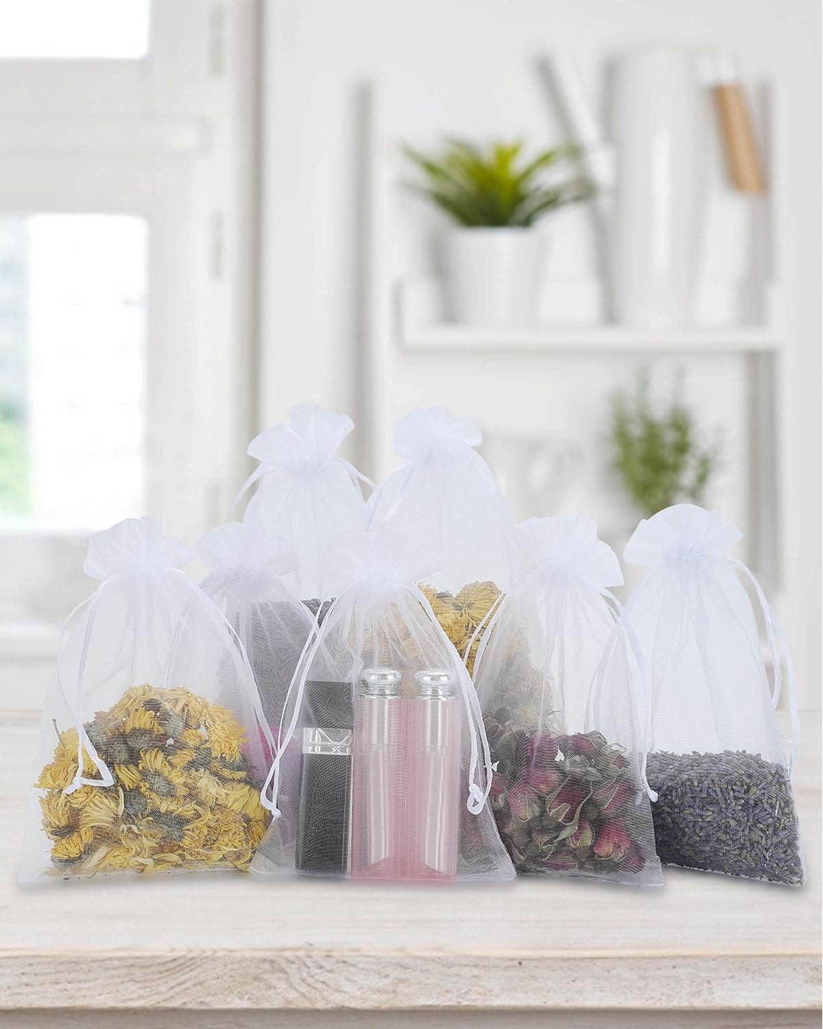 Kslong 100PCS Small Mesh Bags Drawstring 3X4, Sheer Organza Bags Drawstring for Jewelry, Mesh Party Wedding Favor Bags for Small Business,Candy,Bracelet Packaging,Empty Sachet Bags (White)