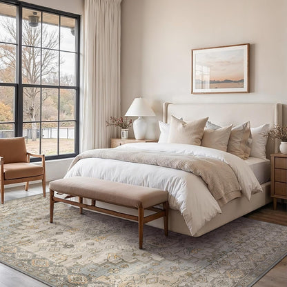 GENIMO 8X10 Area Rugs for Living Room, Machine Washable Non Slip Vintage Rugs, Low Pile Lightweight Chenille Print Rug for Bedroom, Dining Room, Home Office, Antique Taupe