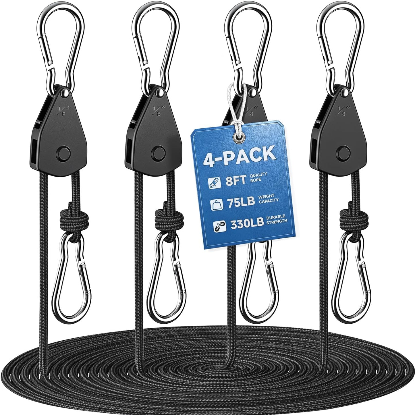 Fondwell 1/8" Ratchet Tie down Ropes: 4-Pack 8 Ft Adjustable Grow Light Hangers with Quick Lock/Release Pulley System - 75 Lbs Load Small Ratchet Straps Mini for Various Hanging and Strapping