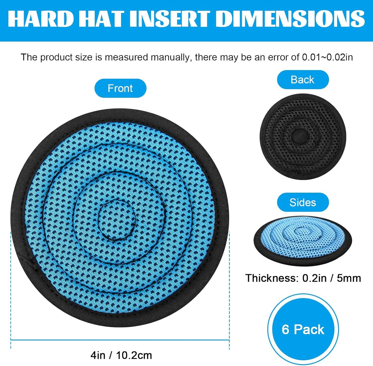 Hard Hat Top Pad, Washable Cooling Hard Hat Inserts/Liner/Cushions Replacement for Helmets, Hardhat Suspension Accessories (Blue, 6 Pack)