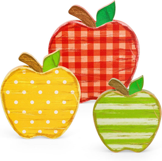 Whaline Back to School Apples Wooden Signs Retro Patterned Apples Table Centerpieces Vintage Desktop Decorations for First Day of School Farmhouse Table Tiered Tray Decor, 3 Pcs
