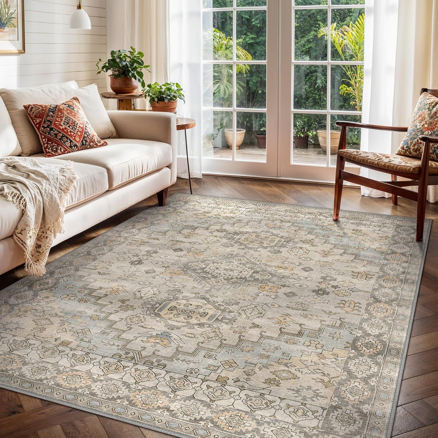 GENIMO 8X10 Area Rugs for Living Room, Machine Washable Non Slip Vintage Rugs, Low Pile Lightweight Chenille Print Rug for Bedroom, Dining Room, Home Office, Antique Taupe