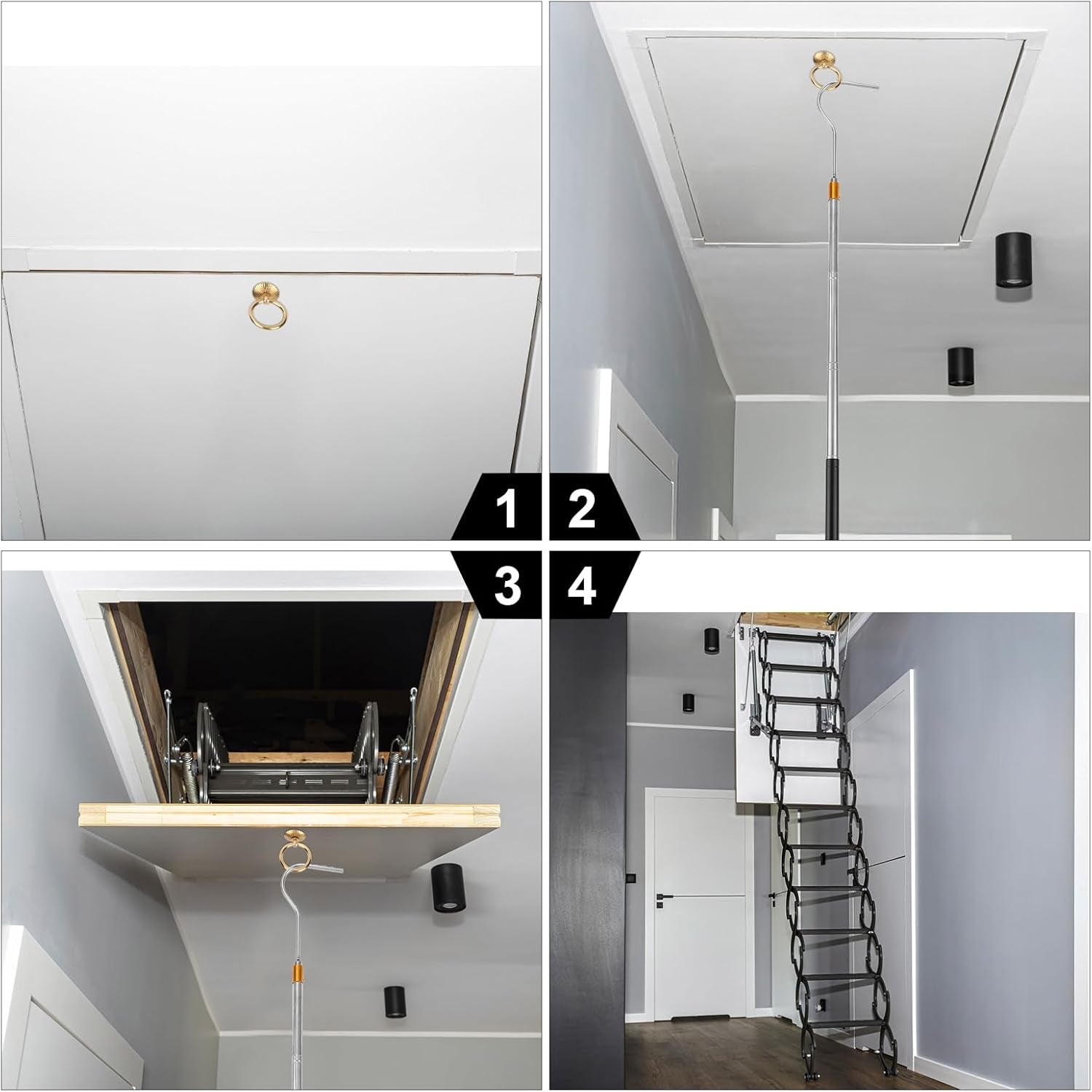 Ladder Pull down System Kit, Attic Ladder Pull down System Loft Stair Pull Kit Telescopic Pull down Rod up to 59 Inch Extension Pole with Hooks & Screws for Attic Ladder Accessories Tools