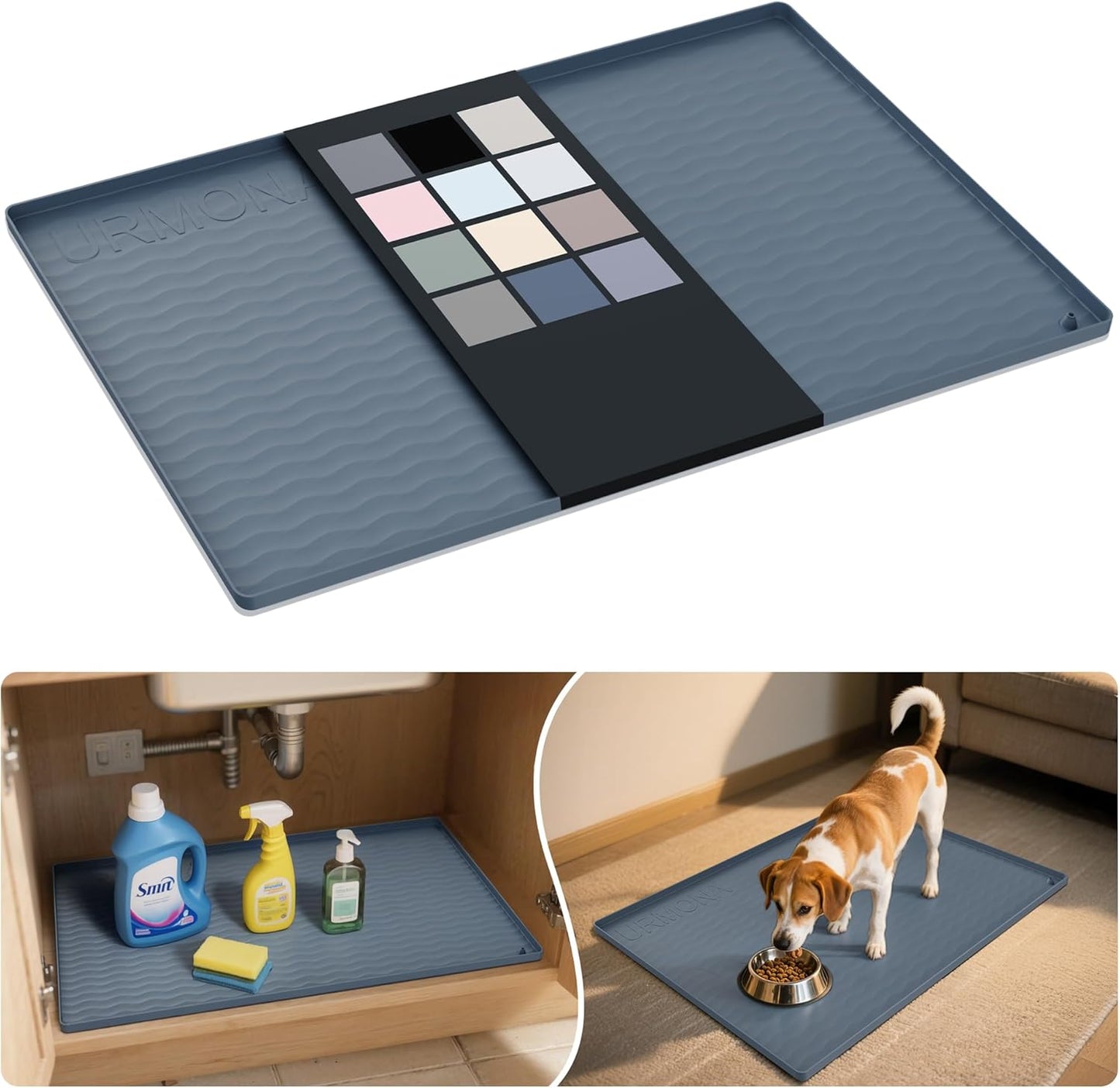 URMONA Waterproof Silicone under Sink Mat 31'' X 22'' Shelf Liner for Kitchen and Bathroom, Cabinet and Counter Protector, Storage and Organizers, Litter Mat, Pet Cat Puppy Essentials(Dark Grey)
