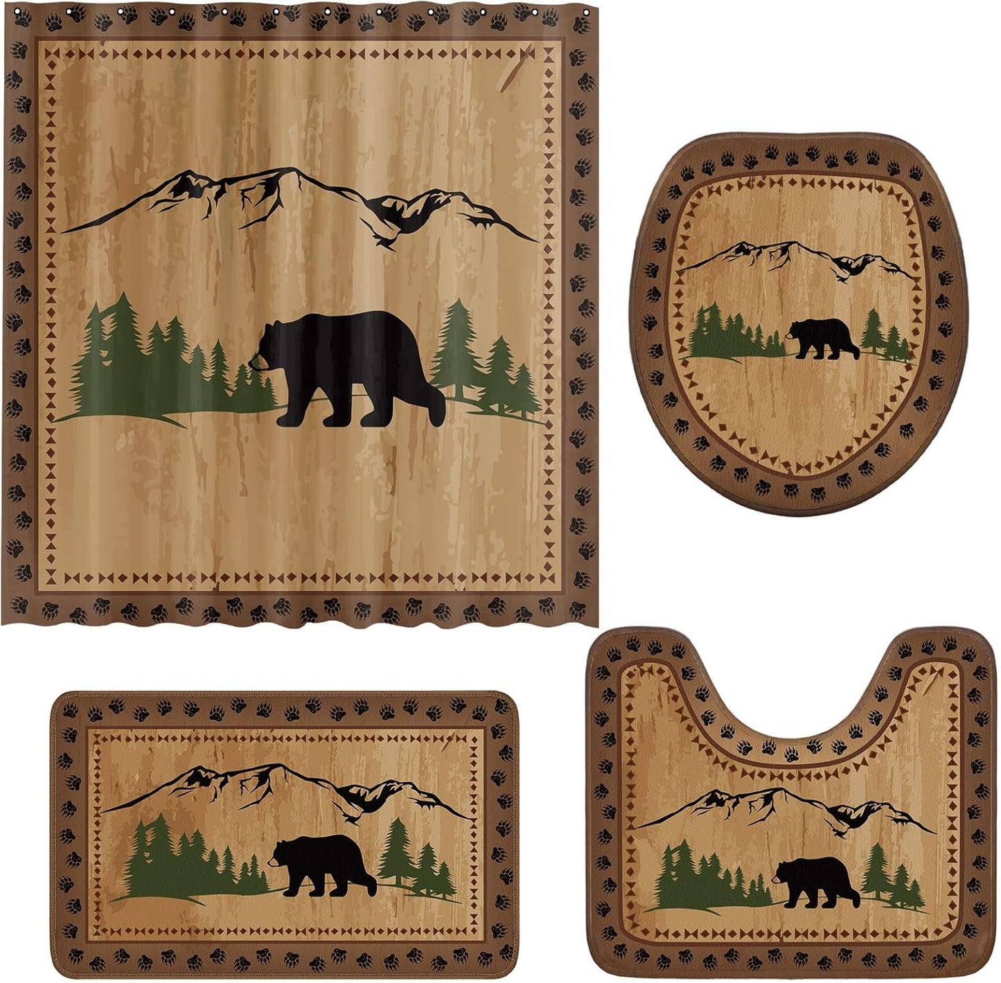 Drydiet 4 Pcs Bear Shower Curtain Set Rustic Cabin Bathroom Decor Farmhouse Waterproof Bear Shower Curtain with Non Slip Rug Toilet Lid Cover Bath Mat and 12 Hooks for Bathroom Decor 71 X 71 Inch