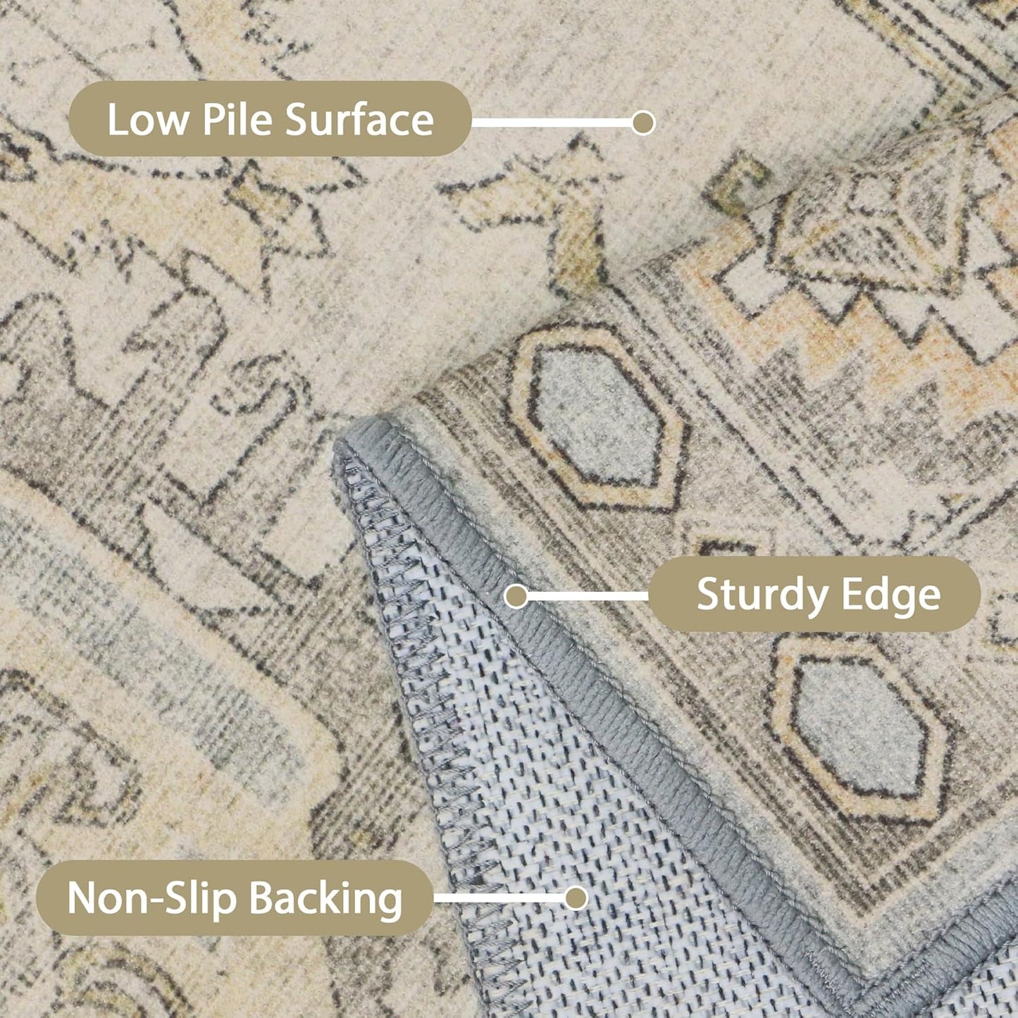 GENIMO 8X10 Area Rugs for Living Room, Machine Washable Non Slip Vintage Rugs, Low Pile Lightweight Chenille Print Rug for Bedroom, Dining Room, Home Office, Antique Taupe