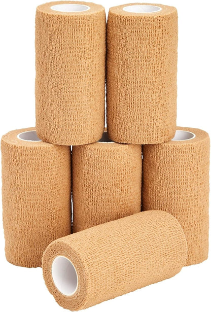 Juvale Cohesive Self-Adhering Elastic Bandage Wrap - Sprain Support & Medical Tape - Vet Wrap for Horses & Horse Leg Support - Sport Tape & Tattoo Bandage - 4 in X 5 Yd, Tan, Pack of 6