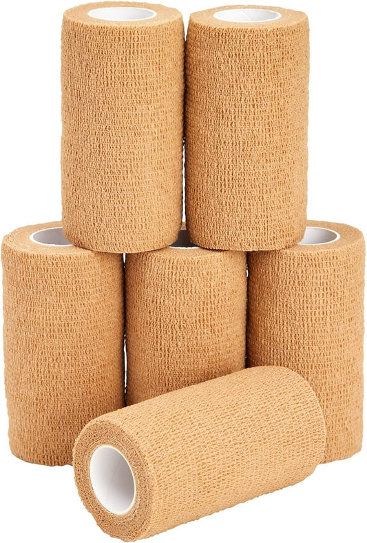 Juvale Cohesive Self-Adhering Elastic Bandage Wrap - Sprain Support & Medical Tape - Vet Wrap for Horses & Horse Leg Support - Sport Tape & Tattoo Bandage - 4 in X 5 Yd, Tan, Pack of 6