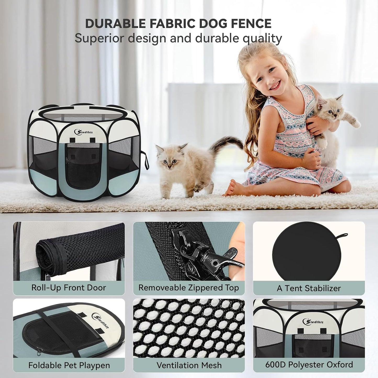 Siedihit Dog Cat Playpen, Puppy Pet Playpen Indoor for Small Dog Crate Tent Cage Outdoor, Portable Pop up Dogs Enclosure Kennel with Carrying Case for Dogs/Cats/Rabbits(Grey, Small