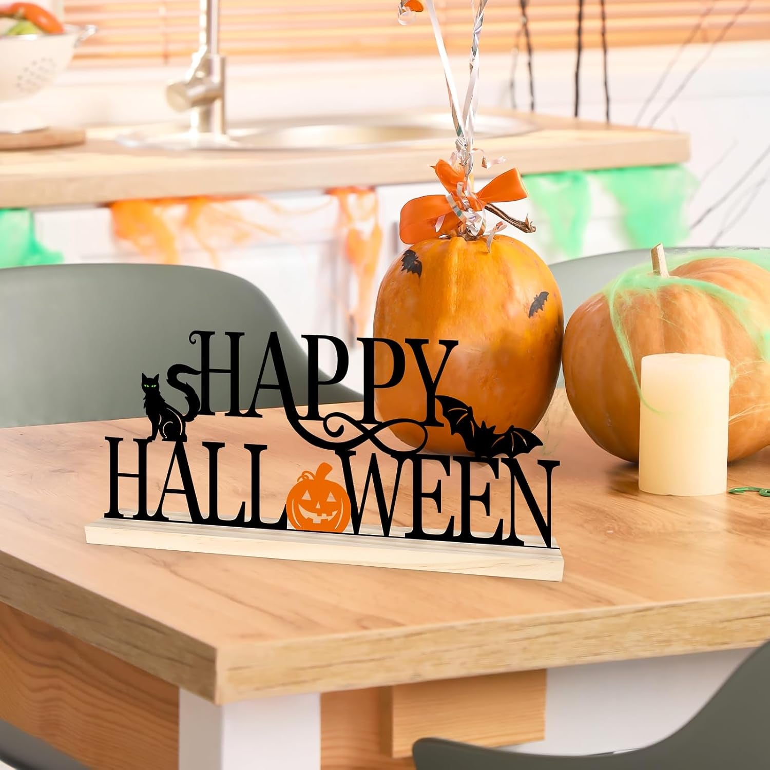COCHIE Metal Happy Halloween Sign, Black Halloween Decorations for Home, Office, Shelf, Mantel, Indoor, Jack-O-Lantern Decoration, Spooky Cat Bat Decor (Halloween)