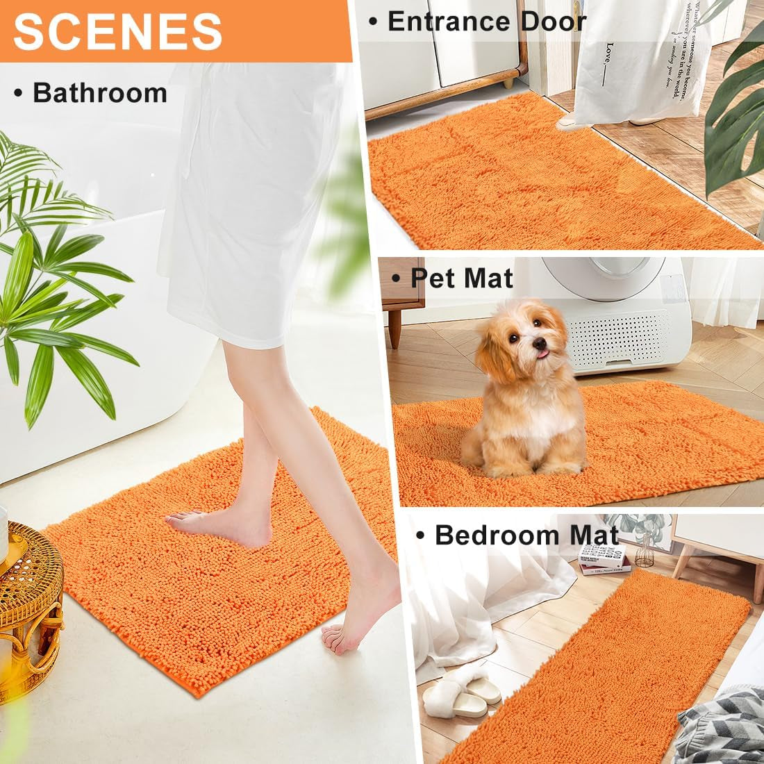Vctops Orange Fall Plush Chenille Bath Rugs Extra Soft and Absorbent Microfiber Shag Rug, Non-Slip Runner Carpet for Tub Bathroom Shower Mat Orange 16" X 24"