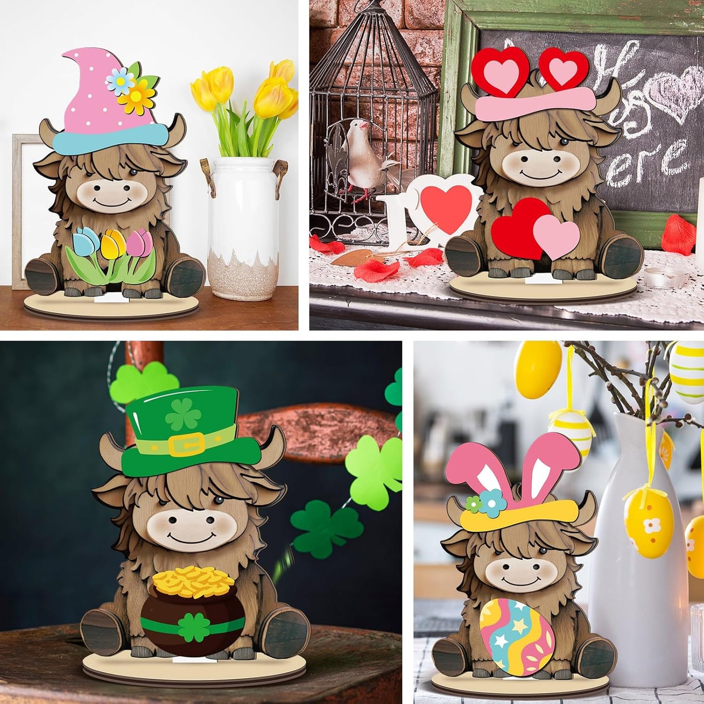 Menkxi Interchangeable Highland Cow Decor Seasonal Wooden Signs Farmhouse Table Centerpiece with Holiday Icon Rustic Cow Tiered Tray Decor Patriotic Spring Summer Decorations for Home Office Desk Gift