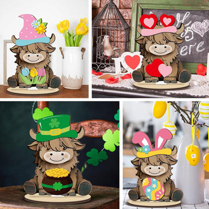 Menkxi Interchangeable Highland Cow Decor Seasonal Wooden Signs Farmhouse Table Centerpiece with Holiday Icon Rustic Cow Tiered Tray Decor Patriotic Spring Summer Decorations for Home Office Desk Gift
