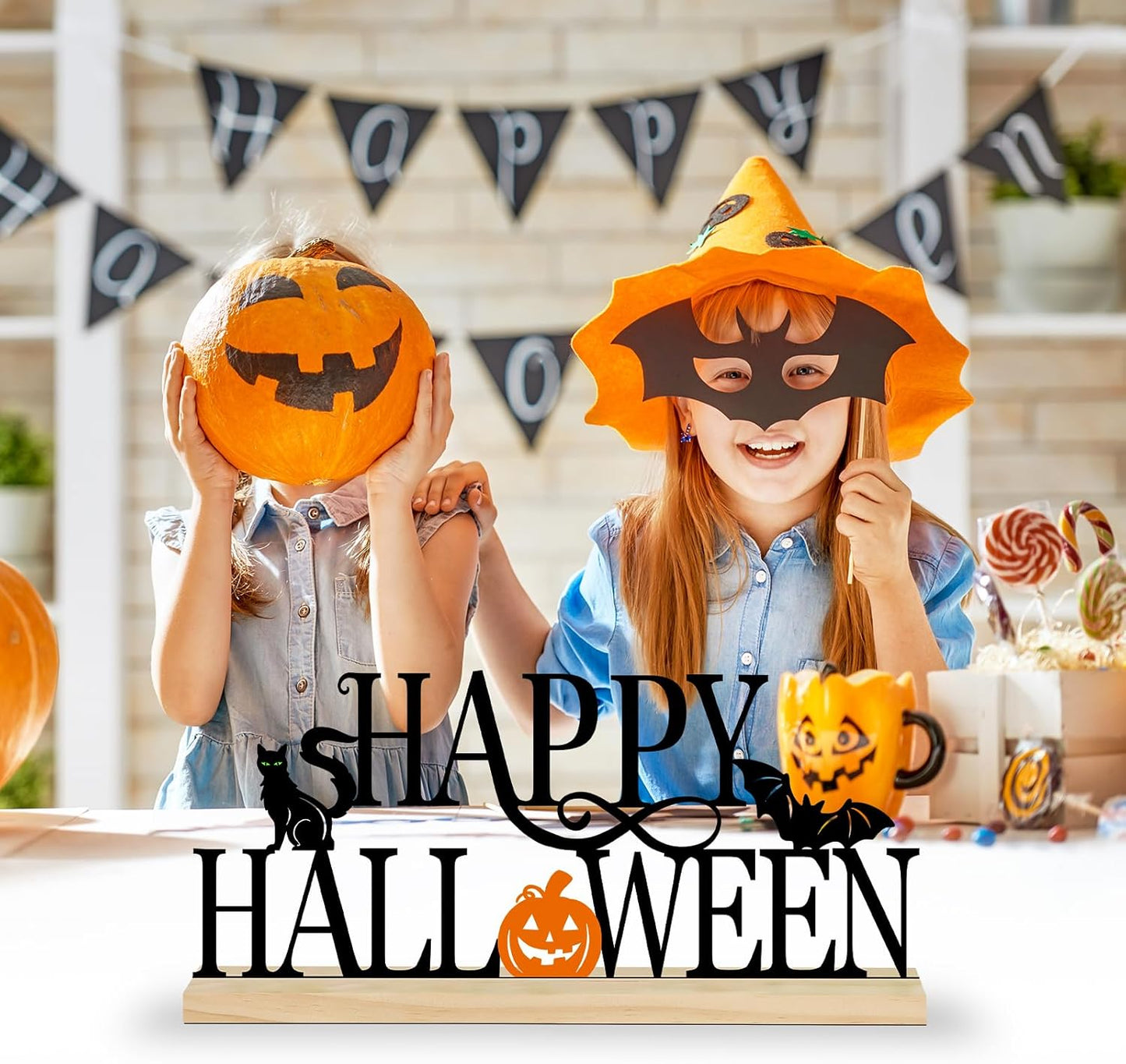 COCHIE Metal Happy Halloween Sign, Black Halloween Decorations for Home, Office, Shelf, Mantel, Indoor, Jack-O-Lantern Decoration, Spooky Cat Bat Decor (Halloween)