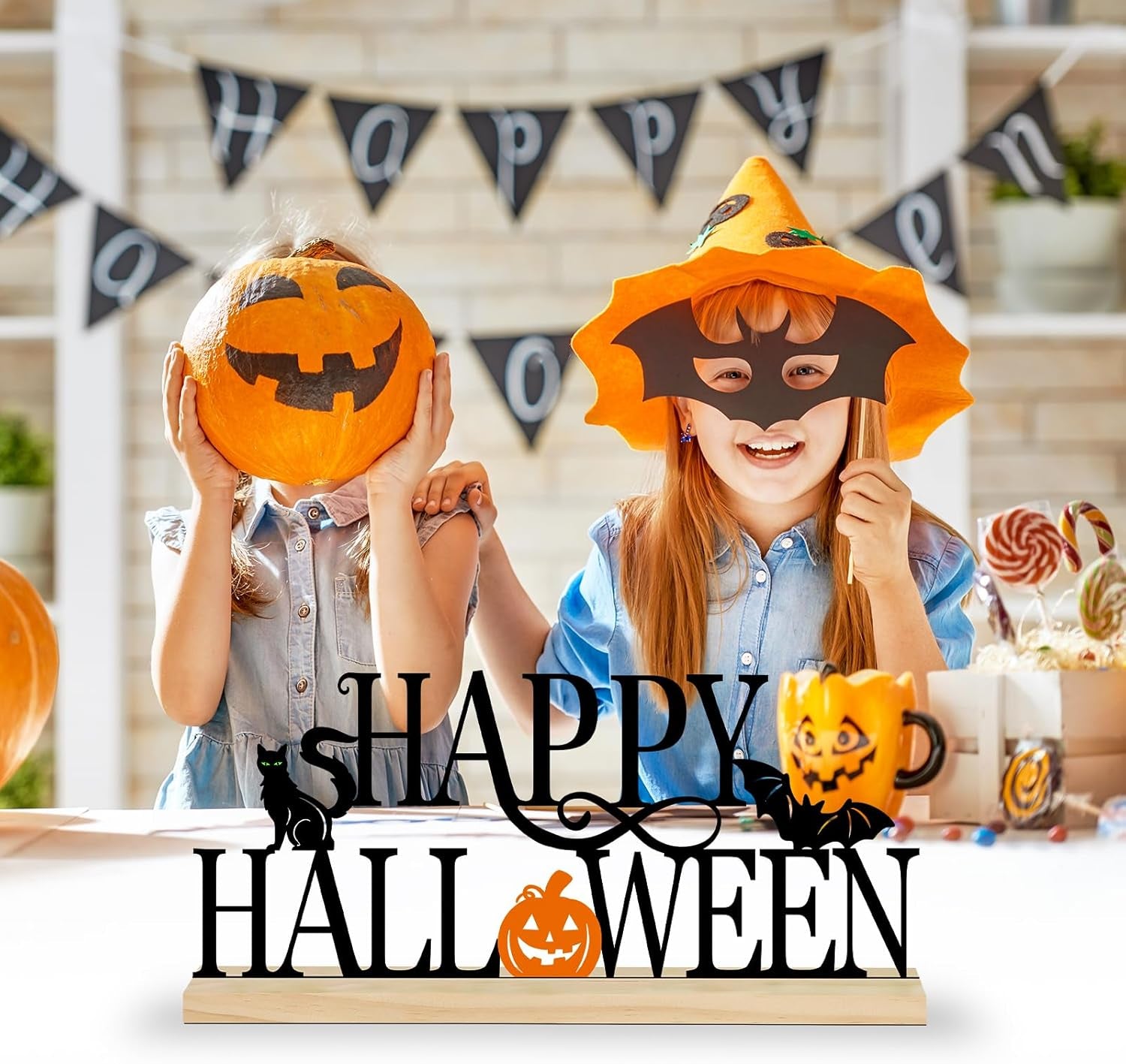 COCHIE Metal Happy Halloween Sign, Black Halloween Decorations for Home, Office, Shelf, Mantel, Indoor, Jack-O-Lantern Decoration, Spooky Cat Bat Decor (Halloween)