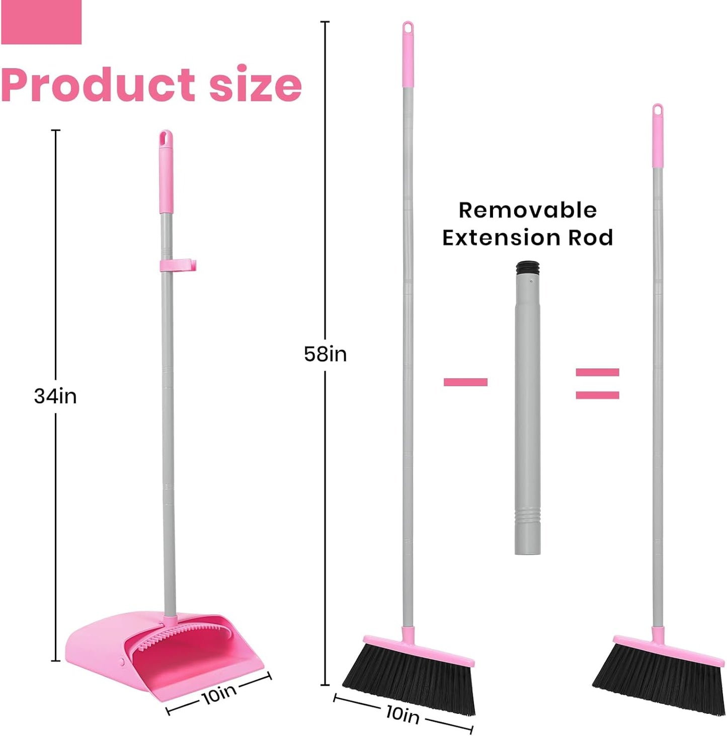 REEWII Pink Broom and Dustpan Set,58” Long Adjustable Handle Small Broom with Stand up Dustpan Combo Set with Dust Pan Teeth,For Indoor Home Office Floor Cleaning