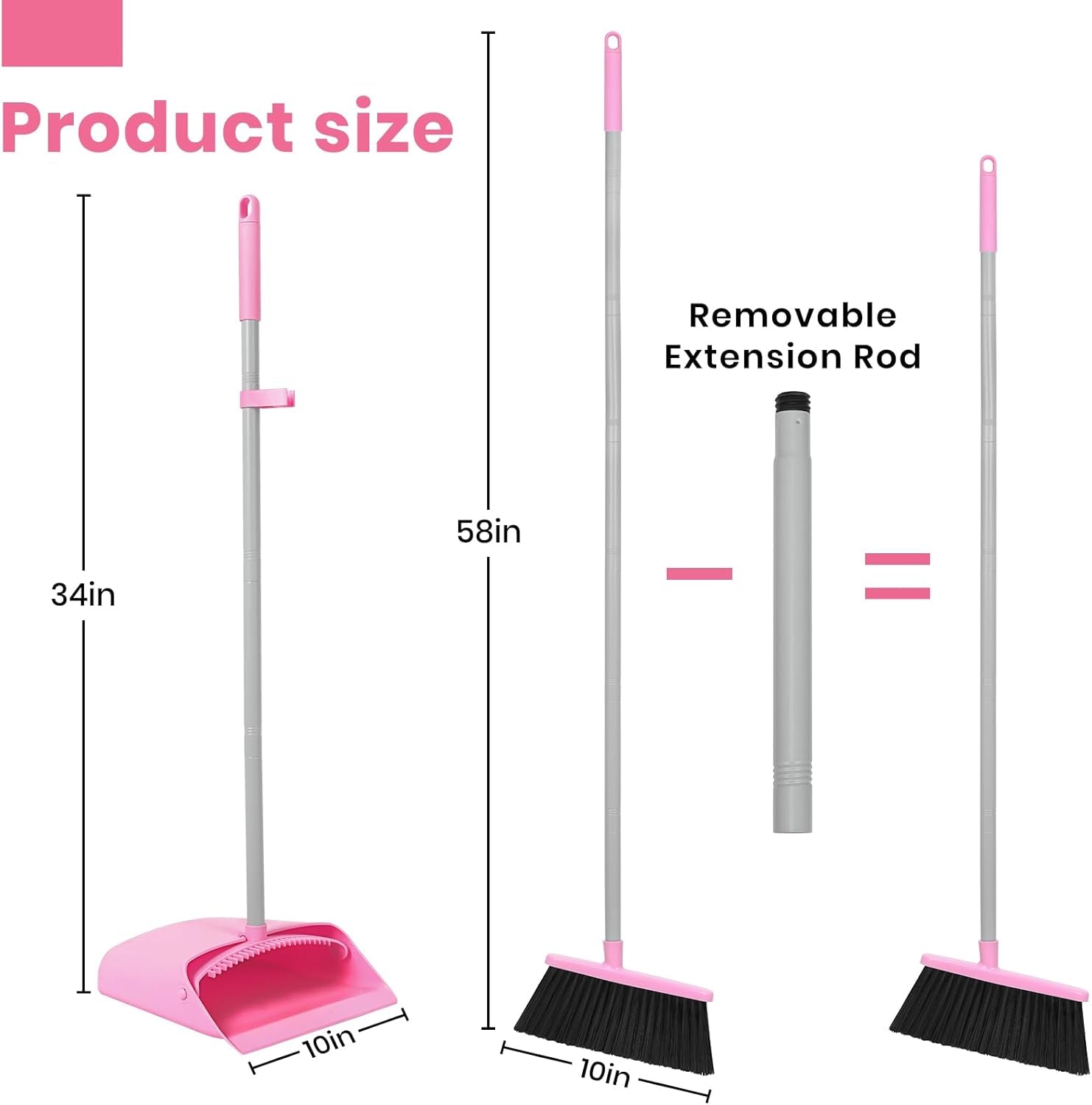 REEWII Pink Broom and Dustpan Set,58” Long Adjustable Handle Small Broom with Stand up Dustpan Combo Set with Dust Pan Teeth,For Indoor Home Office Floor Cleaning