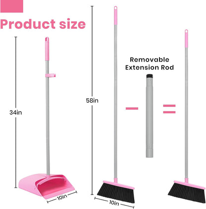 REEWII Pink Broom and Dustpan Set,58” Long Adjustable Handle Small Broom with Stand up Dustpan Combo Set with Dust Pan Teeth,For Indoor Home Office Floor Cleaning
